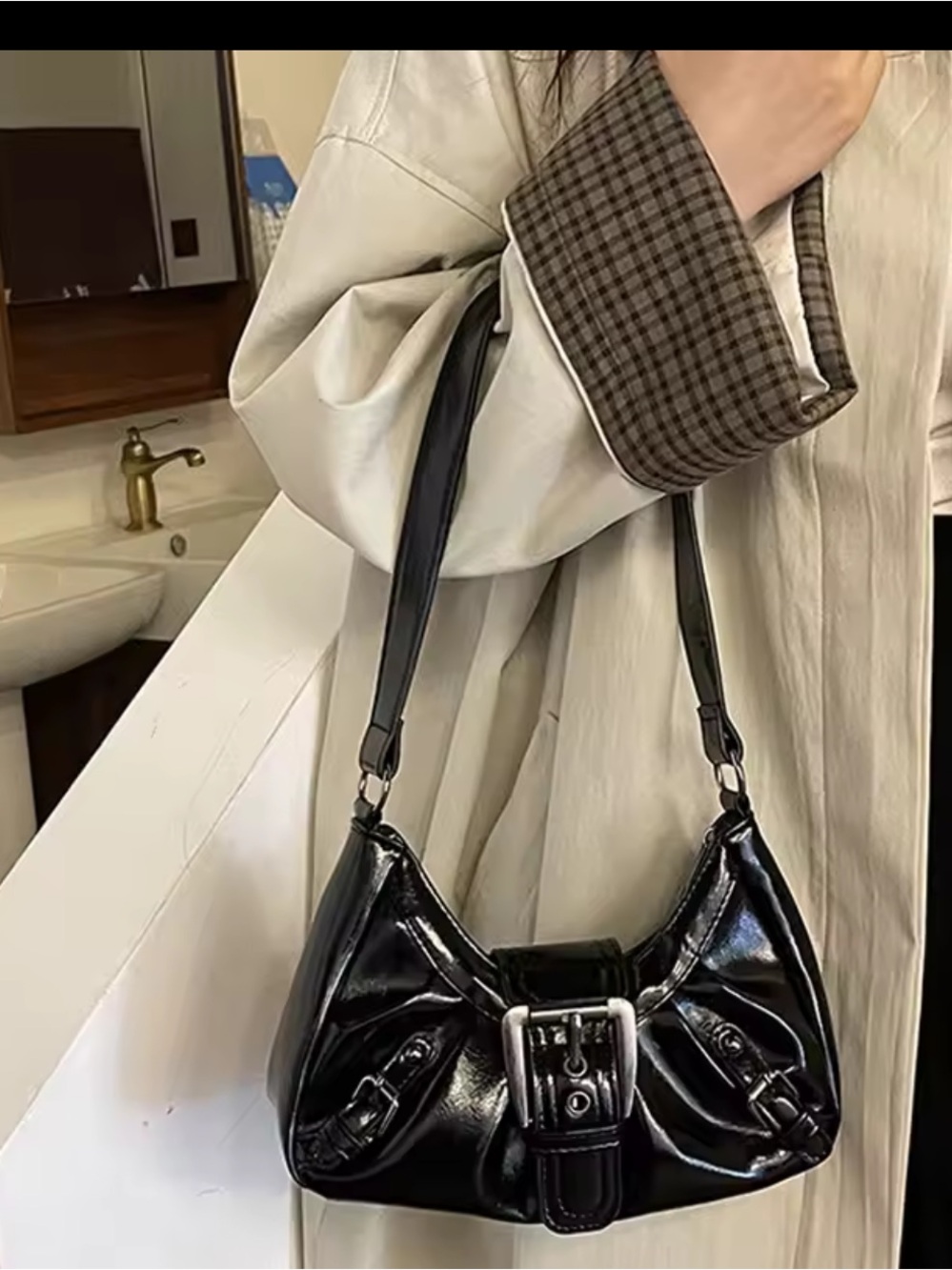 Glossy Black Shoulder Bag with Buckle Detail